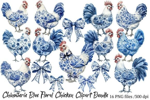 Download Chinoiserie Blue Floral Chicken Clipart - Chicken Collection