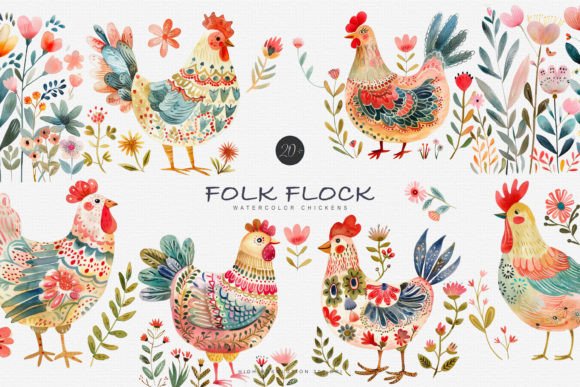 Download Watercolor Folk Chicken Clipart Set - Chicken Collection